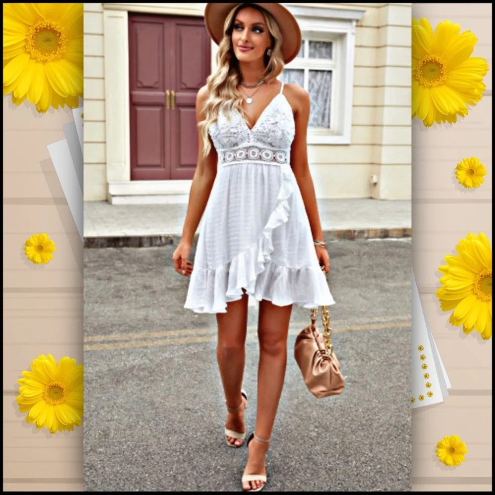 WHITE LACE SPLICING CRISS CROSS LACE-UP V NECK CAMI DRESS Sz M - Picture 2 of 16